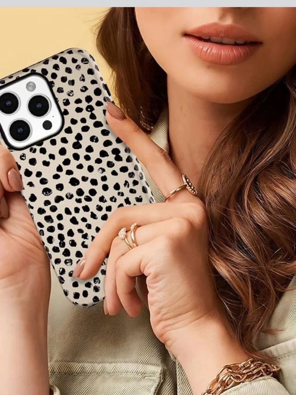 Leopard Print MagSafe-Compatible Phone Case - Cream/Black Polka Dot